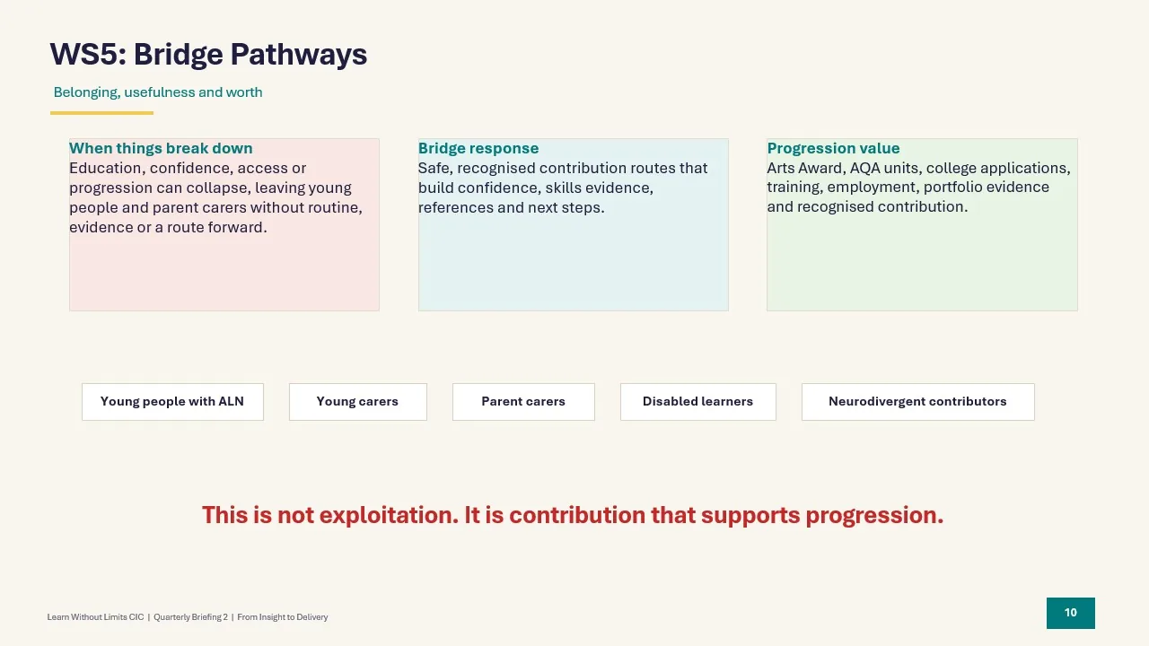Slide from LWL Quarterly Briefing 2 explaining WS5 Bridge Pathways as safe, recognised contribution routes that build confidence, skills evidence, references and next steps.