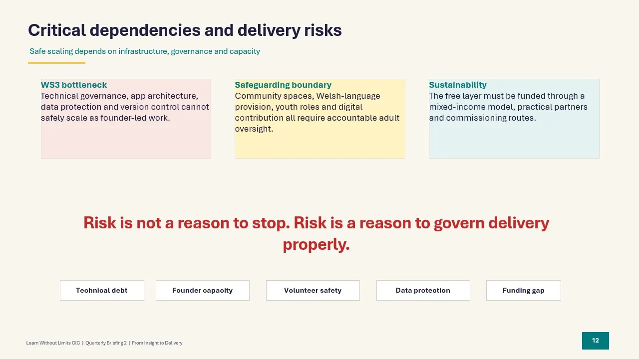 Slide from LWL Quarterly Briefing 2 summarising critical dependencies and delivery risks, including the WS3 bottleneck, safeguarding boundary, sustainability, technical debt, limited capacity, volunteer safety, data protection and funding gap.