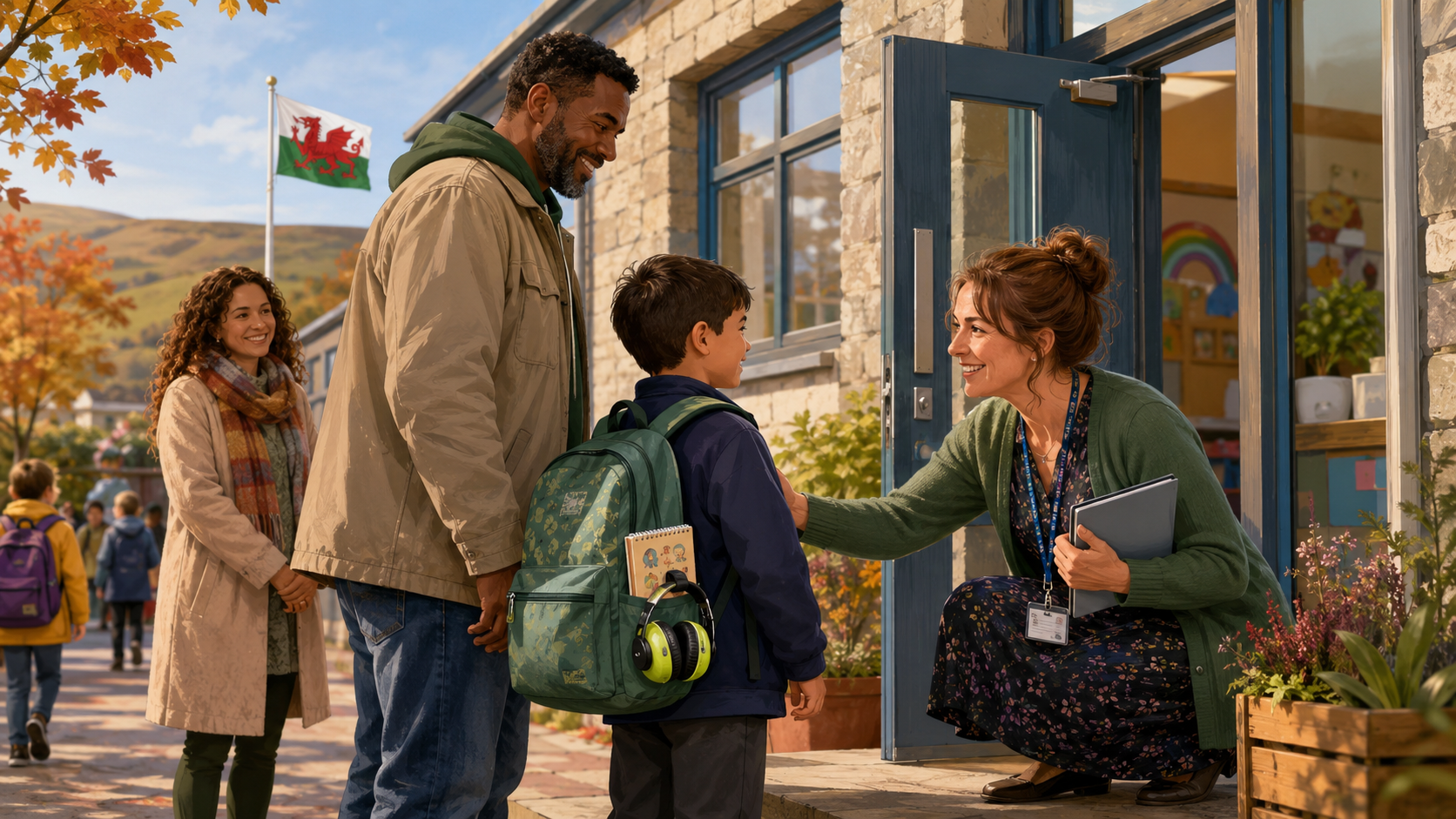 A welcoming Welsh school entrance on an autumn morning, with a child arriving with a parent and being greeted by a teacher. Sensory ear defenders are clipped to the child's backpack.