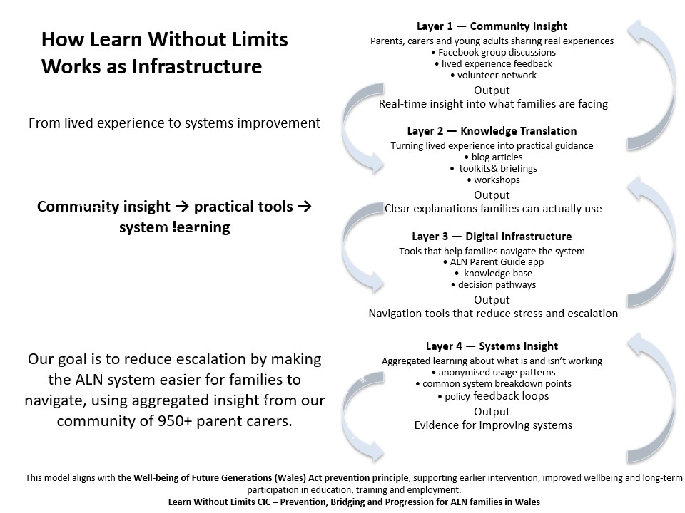 Diagram showing how community insight feeds into tools, digital infrastructure and system-level learning
