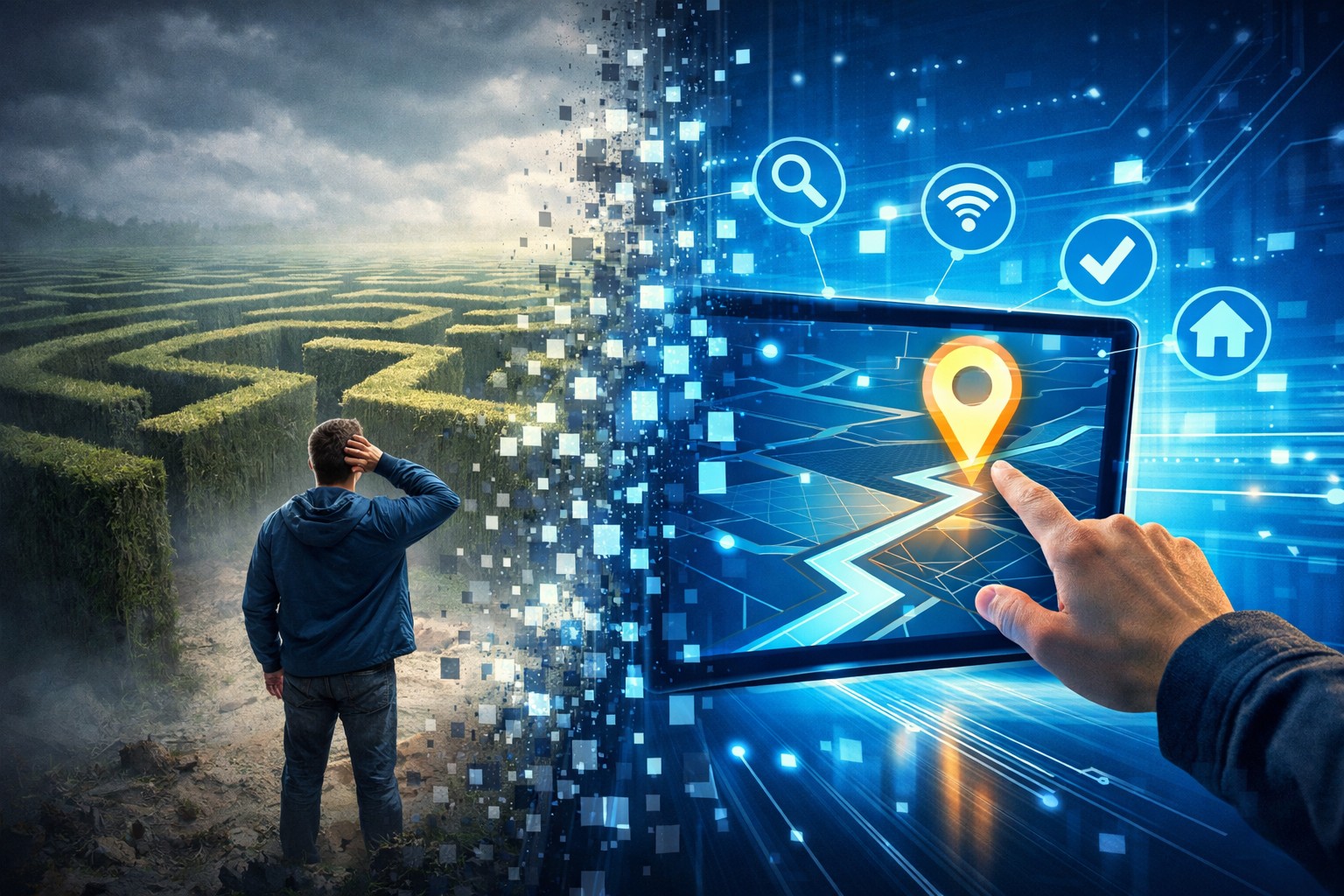 Illustration of a person standing in a maze beside a digital map interface, representing navigation through complex systems