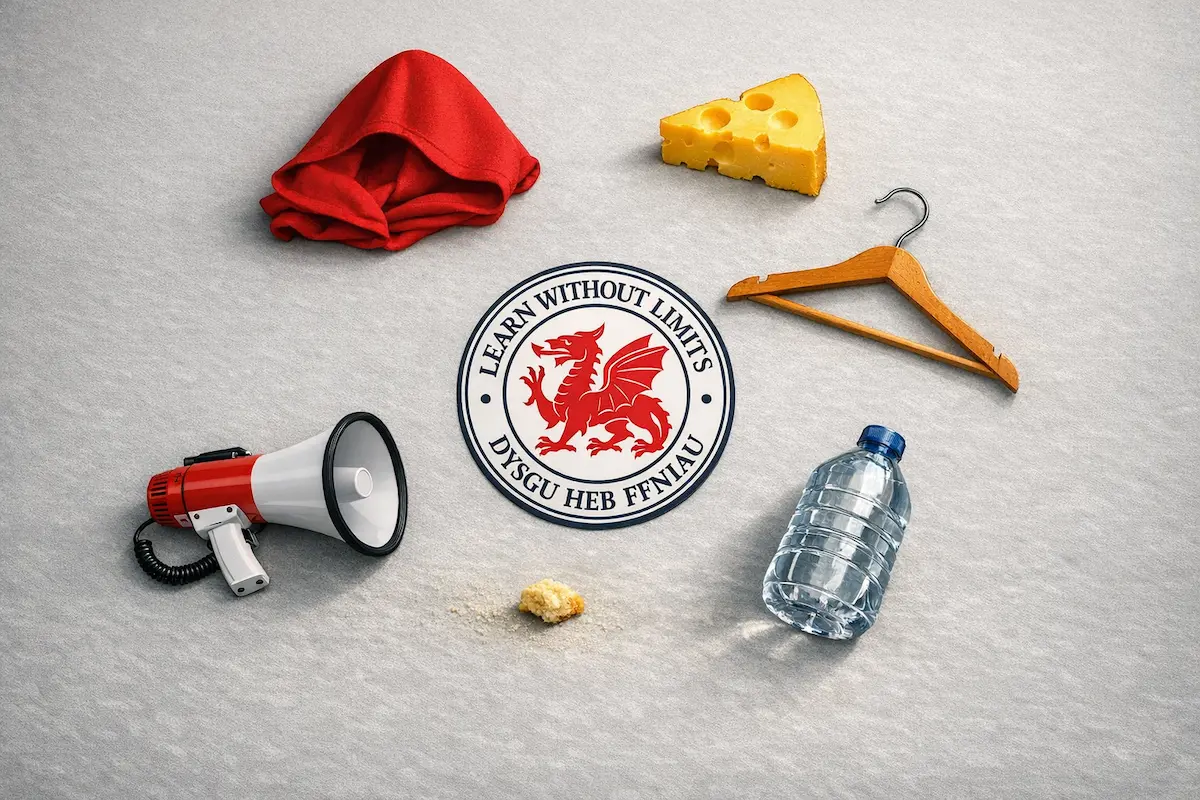 Collection of story symbols including red hood, cheese, hanger, megaphone and water bottle arranged around Learn Without Limits logo