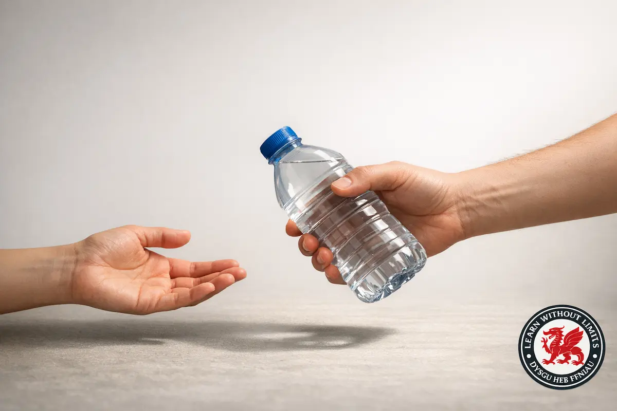 Hand offering a bottle of water to another hand
