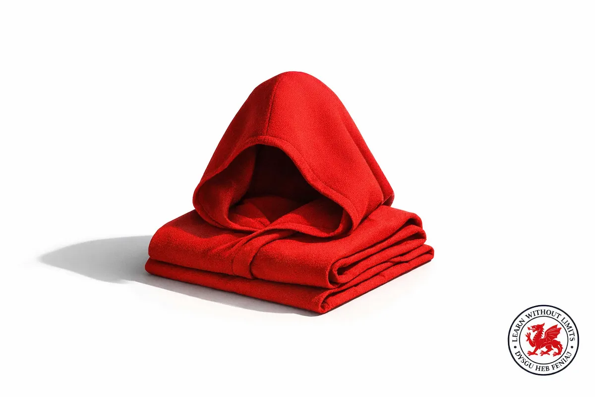 Red hood folded neatly on a surface