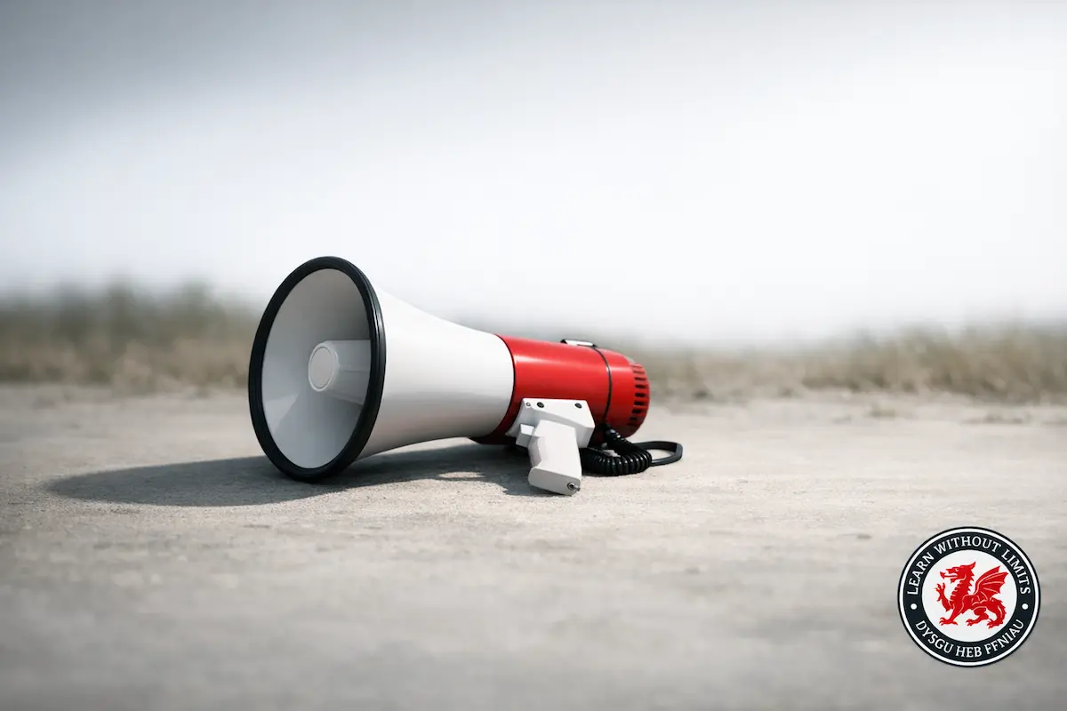 Megaphone lying on sandy ground representing communication and voice